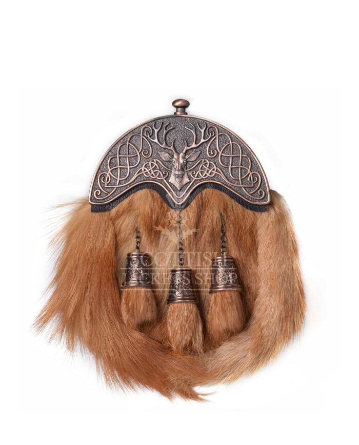 Red Fox Fur Full Dress Sporran Bronze Stag Head Cantle