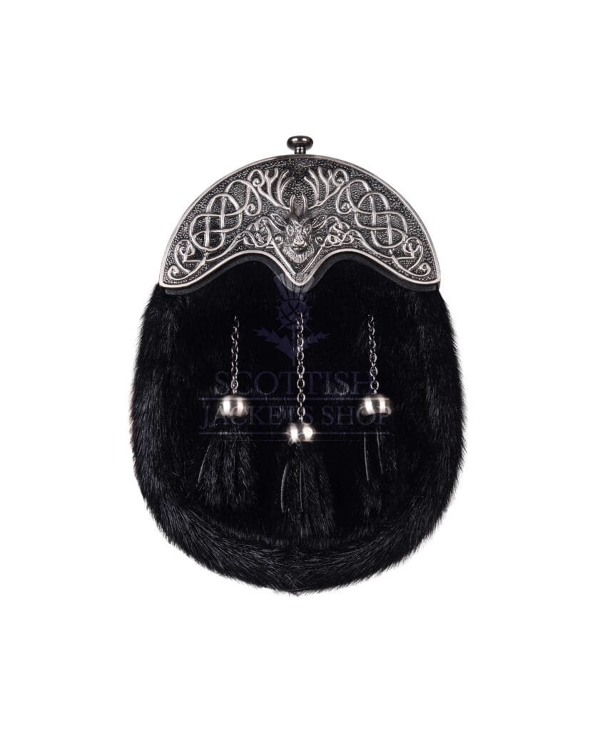 Black Seal Fur Full Dress Sporran Stag Head Antique Black Cantle