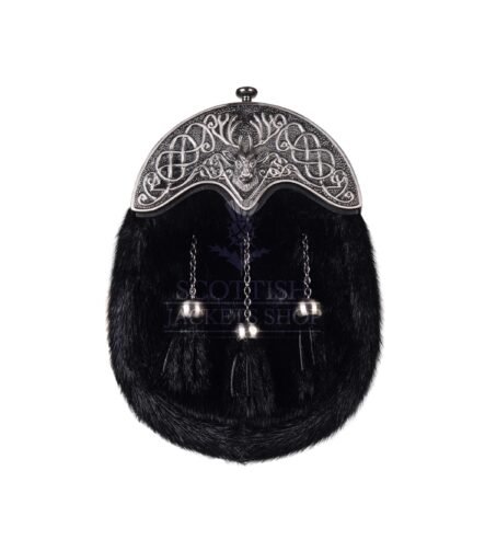 Black Seal Fur Full Dress Sporran Stag Head Antique Black Cantle