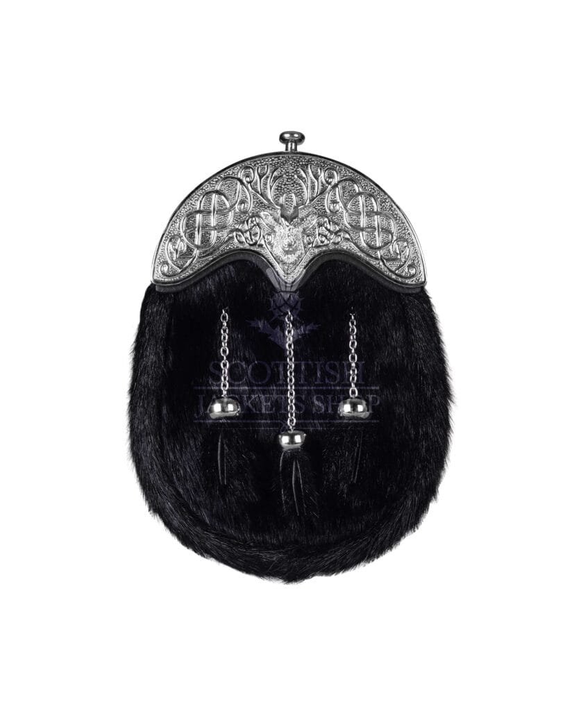 Black Seal Fur Full Dress Sporran Stag Head Silver Cantle