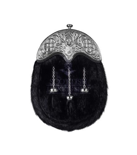 Black Seal Fur Full Dress Sporran Stag Head Silver Cantle