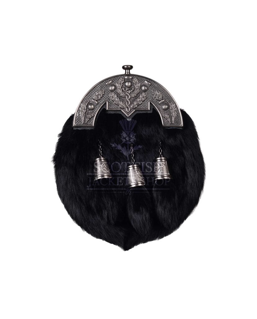 Black Rabbit Fur Full Dress Sporran Nickle Brushed Thistle Cantle