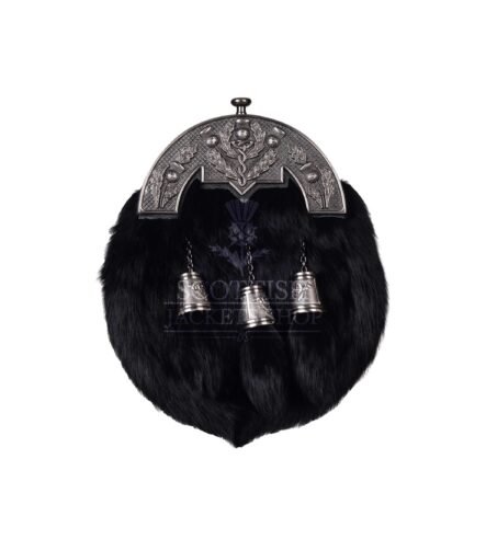 Black Rabbit Fur Full Dress Sporran Nickle Brushed Thistle Cantle