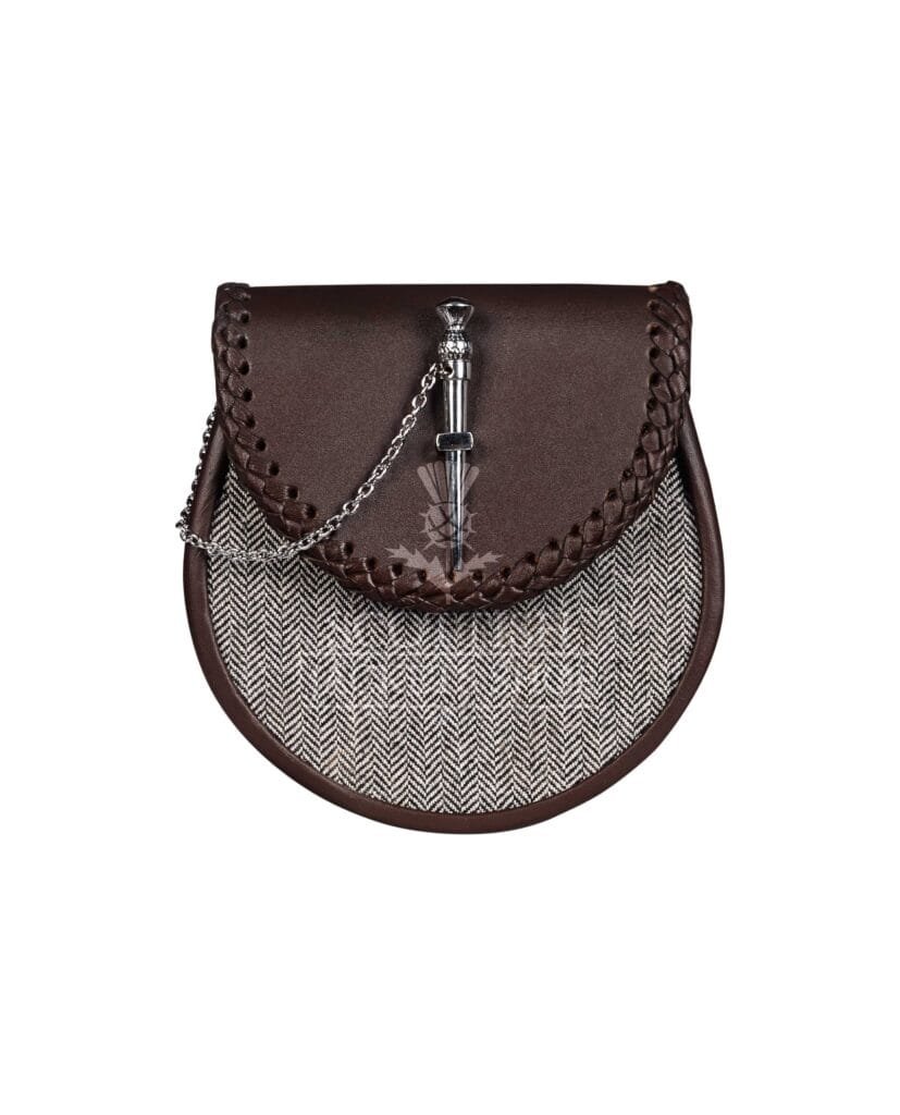 Brown Leather Sporran Gray Tweed Fabric