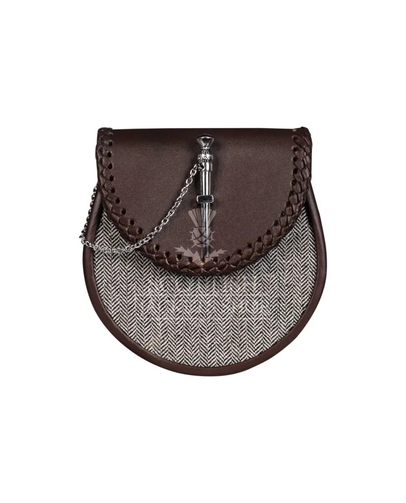 Brown Leather Sporran Gray Tweed Fabric