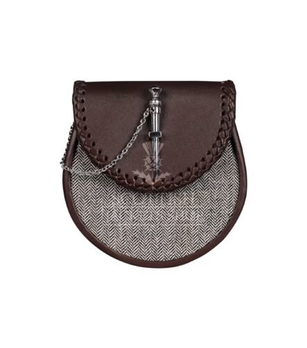 Brown Leather Sporran Gray Tweed Fabric