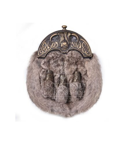 Brass Highland Cow Brown Rabbit Fur Full Dress Sporran