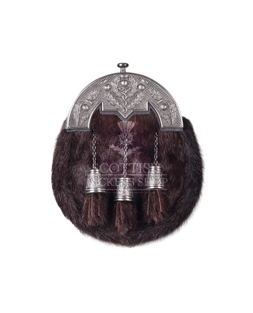 Brown Seal Fur Full Dress Sporran Nickle Brushed Thistle Cantle