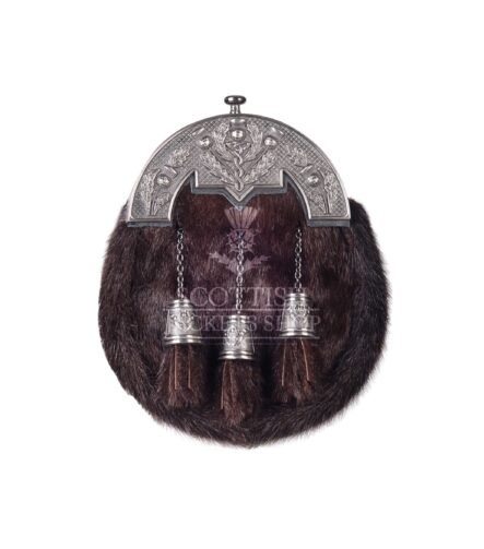 Brown Seal Fur Full Dress Sporran Nickle Brushed Thistle Cantle