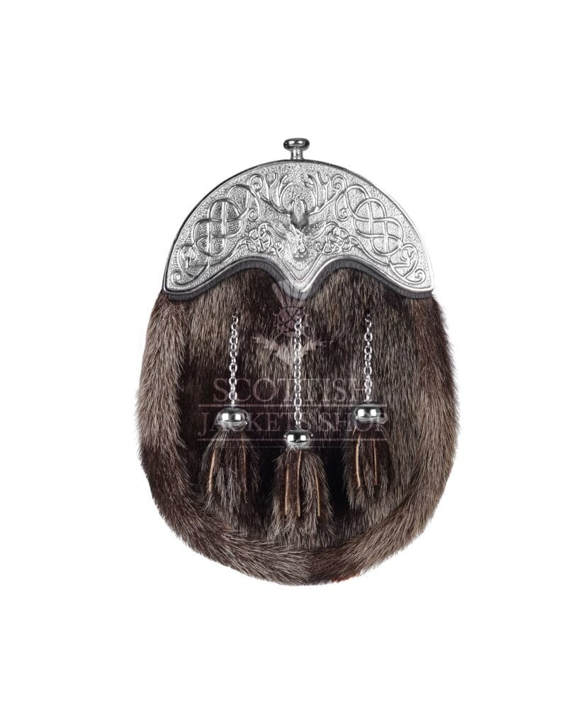 Dark Brown Seal Fur Full Dress Sporran Silver Stag Head Cantle