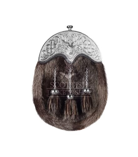 Dark Brown Seal Fur Full Dress Sporran Silver Stag Head Cantle
