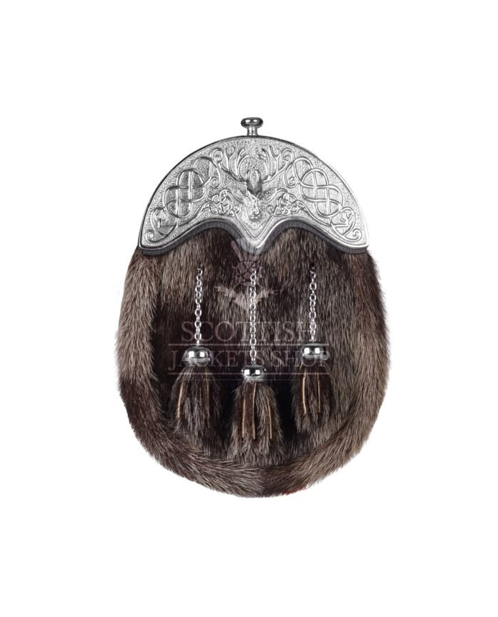 Dark Brown Seal Fur Full Dress Sporran Silver Stag Head Cantle