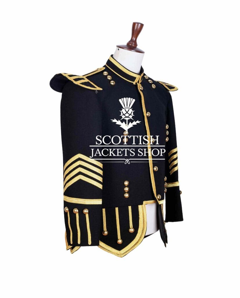 Black Wool Gold Braided Scottish Piper Drummer Doublet Jacket