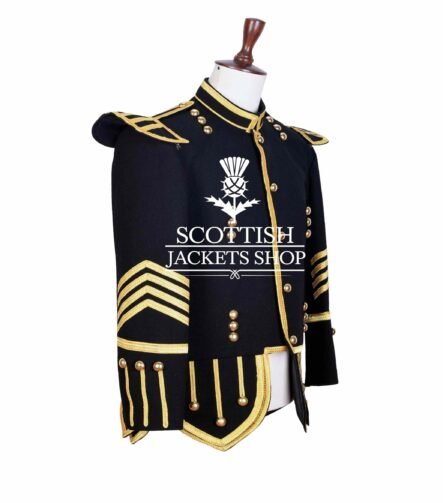 Black Wool Gold Braided Scottish Piper Drummer Doublet Jacket