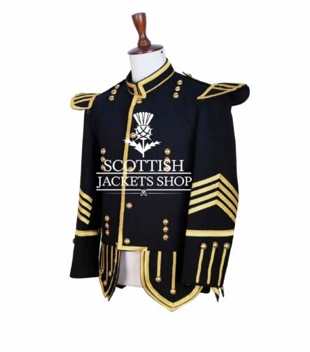 Black Wool Gold Braided Scottish Piper Drummer Doublet Jacket