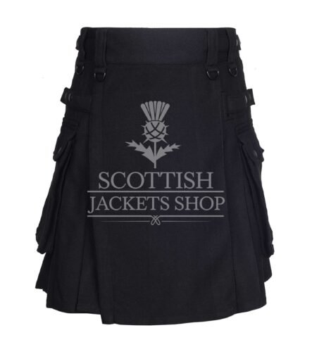Solid Black Tartan Utility Kilt