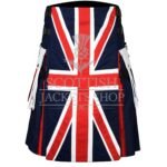 UK utility flag kilt with Union Jack design and cargo pockets front view