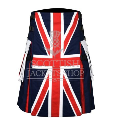 UK utility flag kilt with Union Jack design and cargo pockets front view