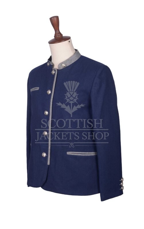 Men's Scottish Navy Blue and Grey German Jacket Traditional Highland Military Style Formal Wear