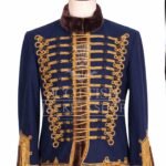 avy blue Hussar military jacket with gold Brandenburg braid and fur collar - front view