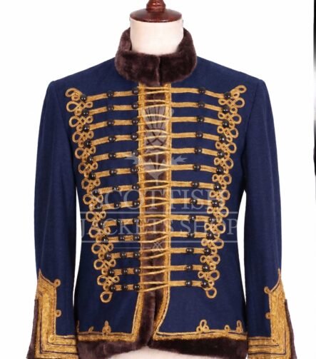 avy blue Hussar military jacket with gold Brandenburg braid and fur collar - front view