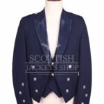 Navy blue Prince Charlie jacket with satin lapels and silver buttons, matching waistcoat - front view