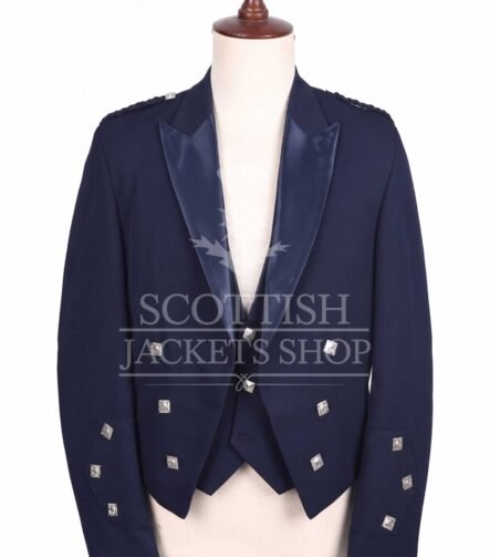 Navy blue Prince Charlie jacket with satin lapels and silver buttons, matching waistcoat - front view