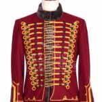 Maroon Hussar military jacket with gold Brandenburg braid and fur collar - front view