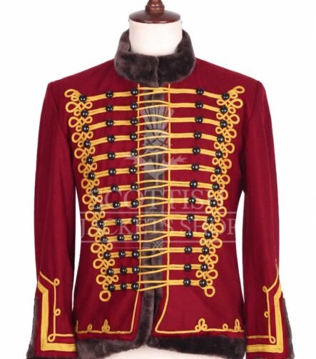Maroon Hussar military jacket with gold Brandenburg braid and fur collar - front view
