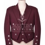 Burgundy wool Prince Charlie jacket with self-fabric lapels and silver buttons, matching waistcoat - front view