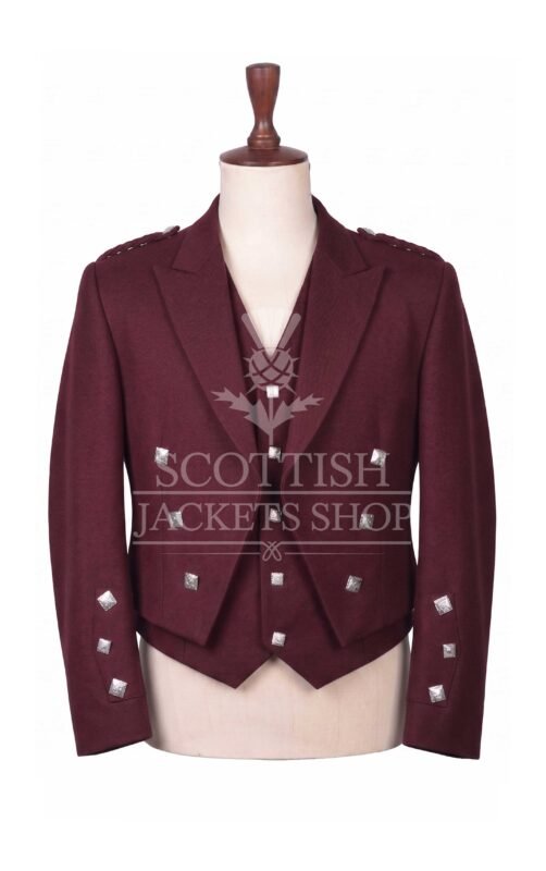 Burgundy wool Prince Charlie jacket with self-fabric lapels and silver buttons, matching waistcoat - front view