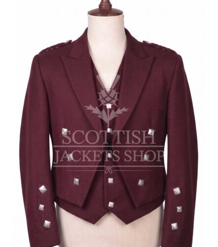 Burgundy wool Prince Charlie jacket with self-fabric lapels and silver buttons, matching waistcoat - front view