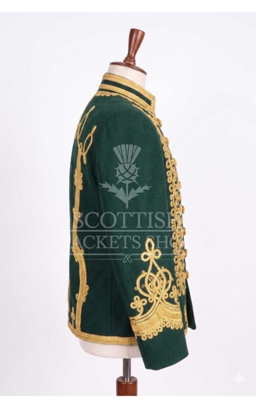 Dark green military jacket with dense gold embroidery, mandarin collar and matte gold buttons - right side view