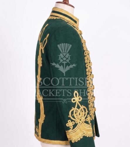 Dark green military jacket with dense gold embroidery, mandarin collar and matte gold buttons - right side view