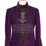 Purple Hussar military jacket with black Brandenburg braid and fur collar - front view
