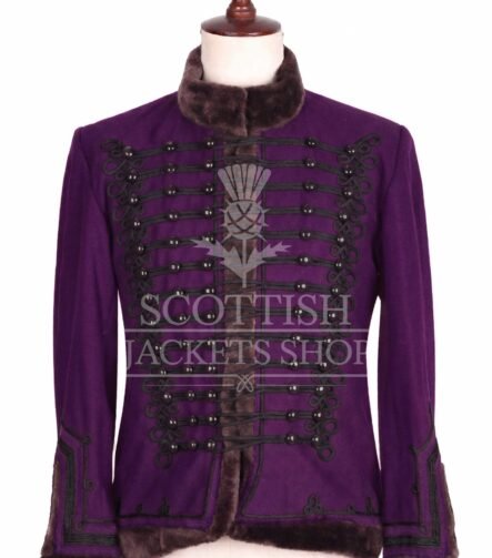 Purple Hussar military jacket with black Brandenburg braid and fur collar - front view