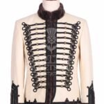 Cream Hussar military jacket with black Brandenburg braid and brass buttons - front view