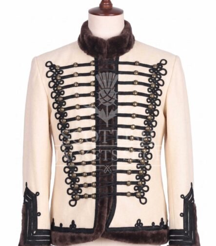 Cream Hussar military jacket with black Brandenburg braid and brass buttons - front view