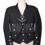 Black wool Prince Charlie jacket with self-fabric lapels and silver buttons, matching waistcoat - front view