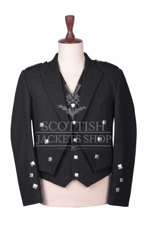 Black wool Prince Charlie jacket with self-fabric lapels and silver buttons, matching waistcoat - front view