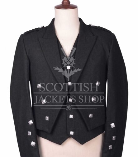 Black wool Prince Charlie jacket with self-fabric lapels and silver buttons, matching waistcoat - front view