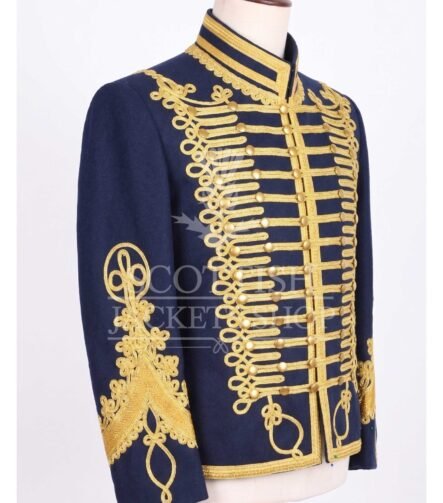Navy military jacket with dense gold embroidery, mandarin collar and matte gold buttons - right side view