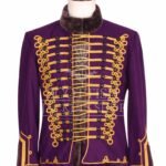 Purple Hussar military jacket with gold Brandenburg braid and fur collar - front view