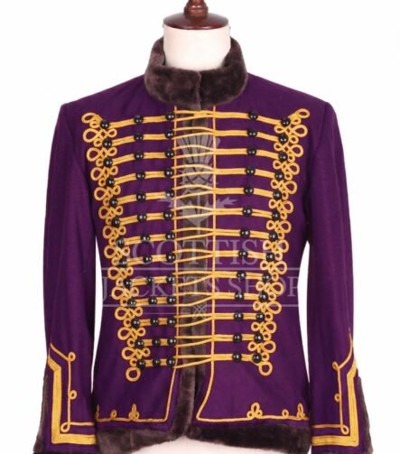 Purple Hussar military jacket with gold Brandenburg braid and fur collar - front view