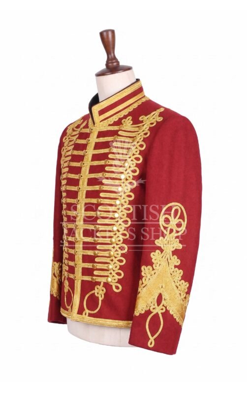 Maroon military jacket with dense gold embroidery, mandarin collar and matte gold buttons - left side view