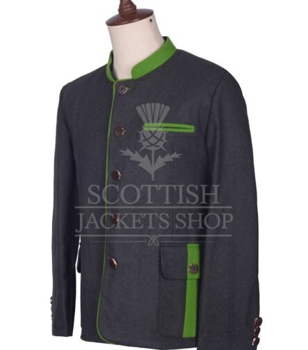 Men's Scottish Black and Green Wool German Jacket Traditional Highland Military Style