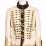 Cream Hussar military jacket with gold Brandenburg braid and brass buttons - front view