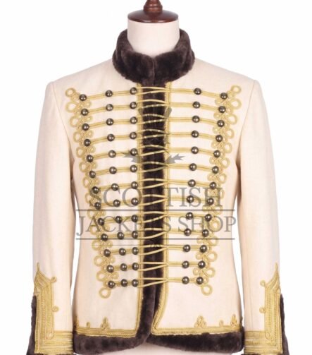 Cream Hussar military jacket with gold Brandenburg braid and brass buttons - front view