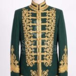 Dark green military jacket with dense gold embroidery, mandarin collar and matte gold buttons - front view