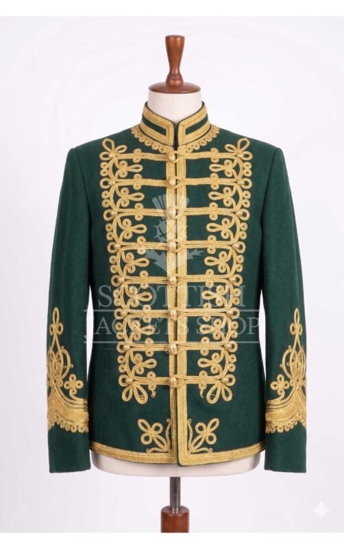 Dark green military jacket with dense gold embroidery, mandarin collar and matte gold buttons - front view